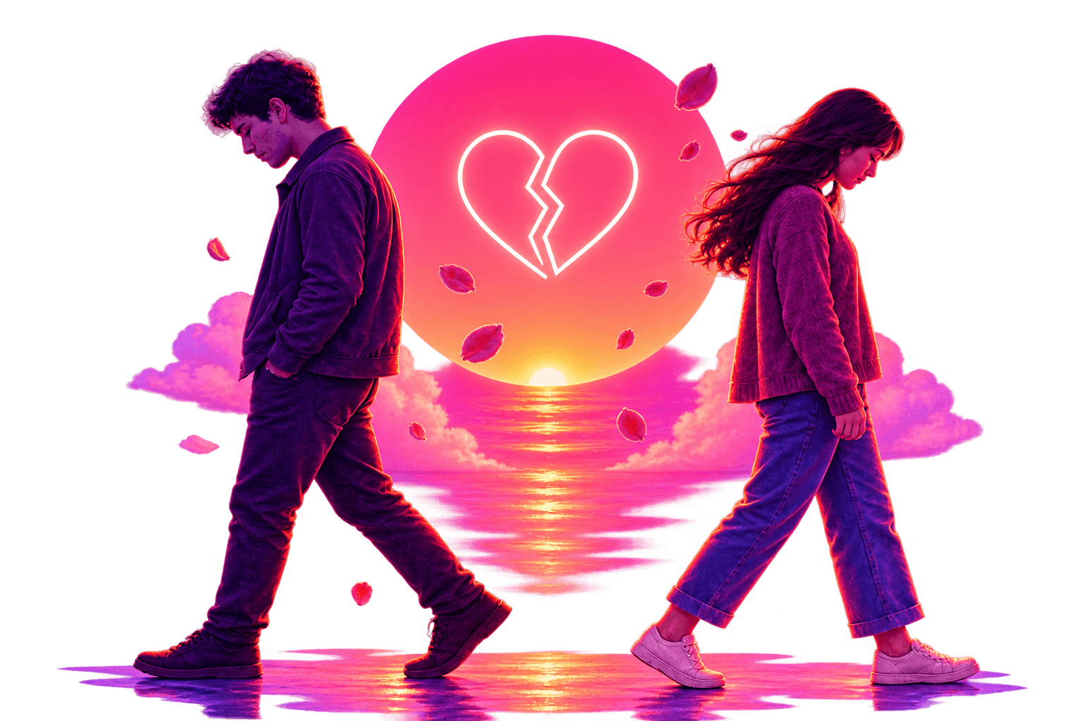 Two silhouettes walking apart against a violet-to-coral gradient, a broken-heart outline glowing between them