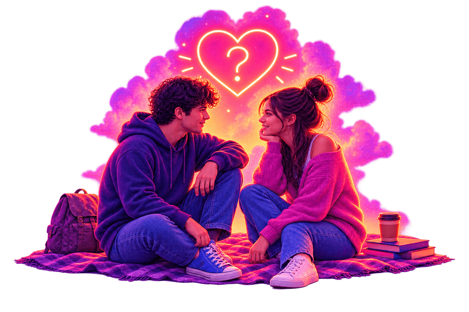 Two friends sitting on a picnic blanket smiling at each other beneath a glowing neon heart with a question mark