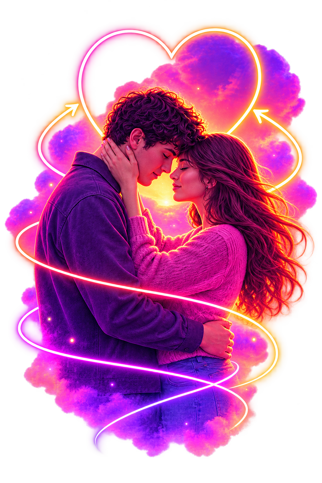 A couple embracing forehead-to-forehead inside a glowing neon heart against a violet-to-coral gradient